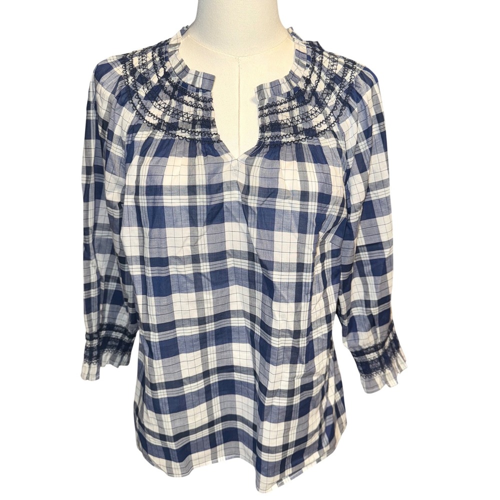 Talbots Petite Navy Blue White Plaid Smocked Split Neck Cotton Blouse SP